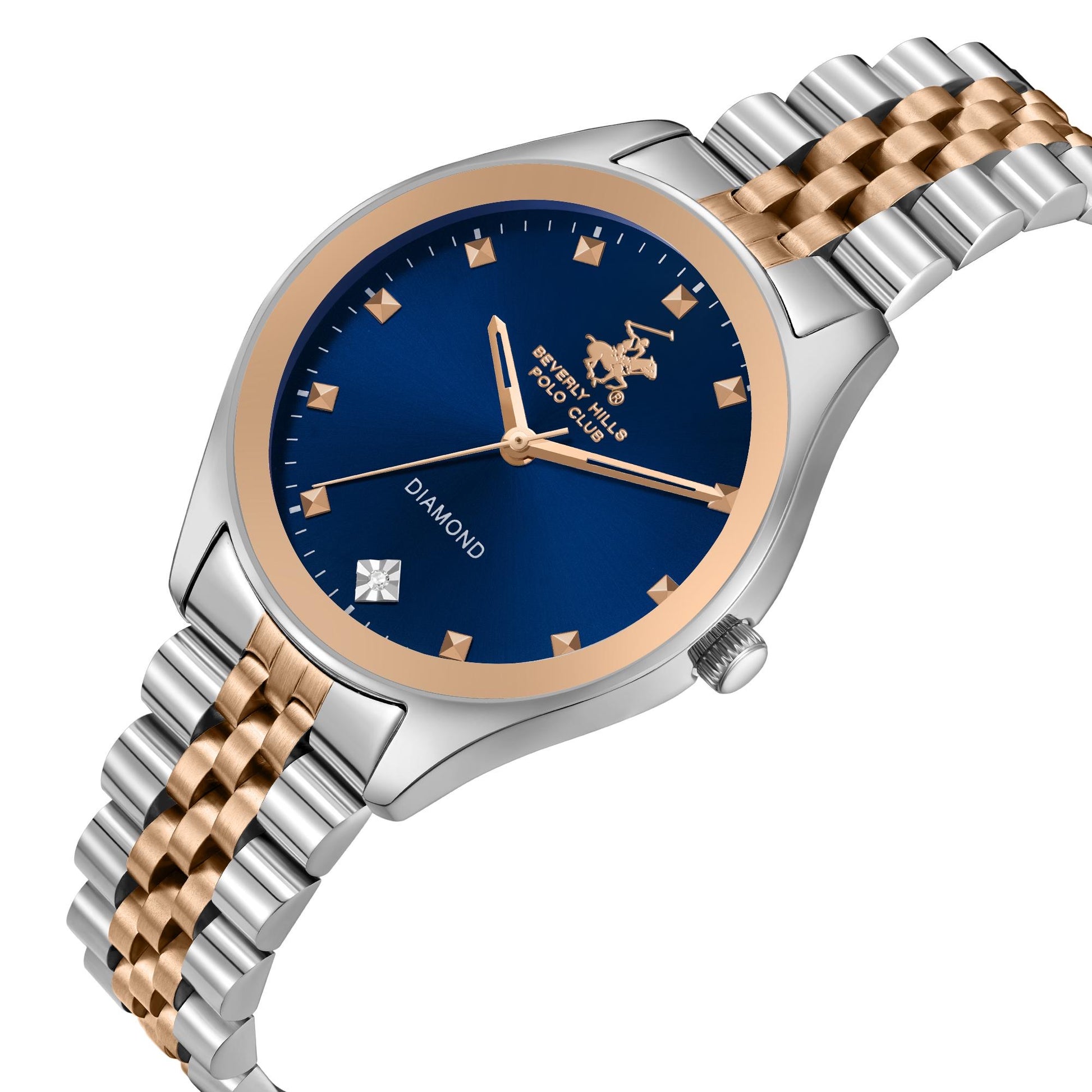 Blue Diamond Uhr Nahaufnahme des blauen Zifferblatts und Edelstahlarmbands
