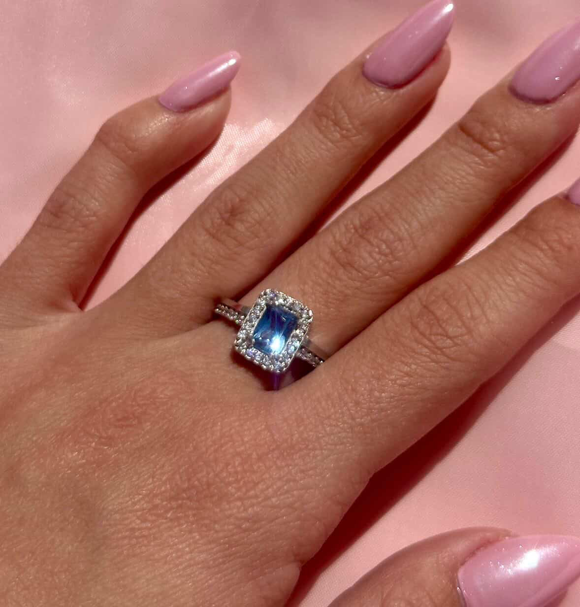 Aquamarin-Ring mit Zirkonia-Halo | Silber (Größe 56)