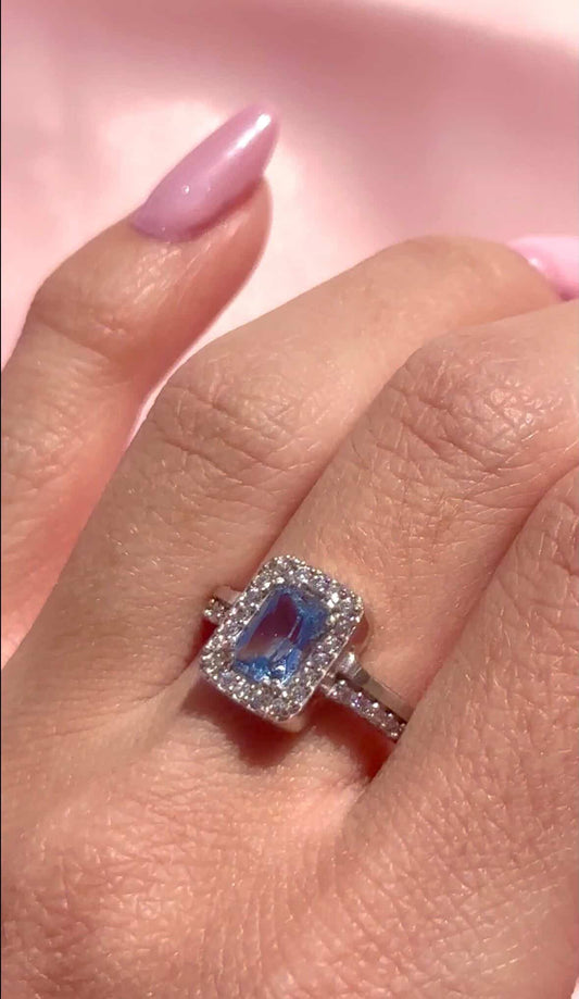 Aquamarin-Ring mit Zirkonia-Halo | Silber (Größe 56)