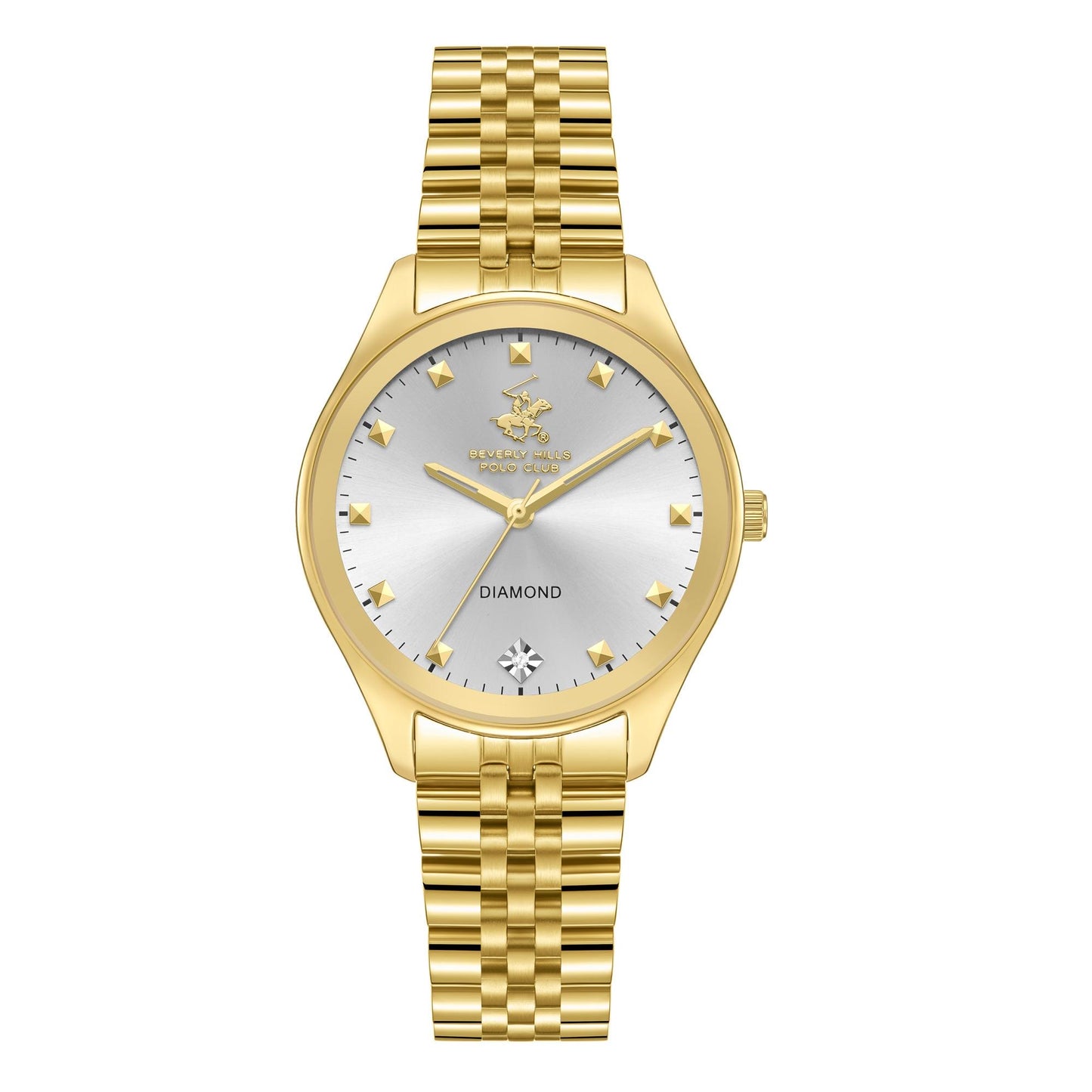 Polo Royale Gold Uhr Detailansicht des goldenen Zifferblatts und Armbands
